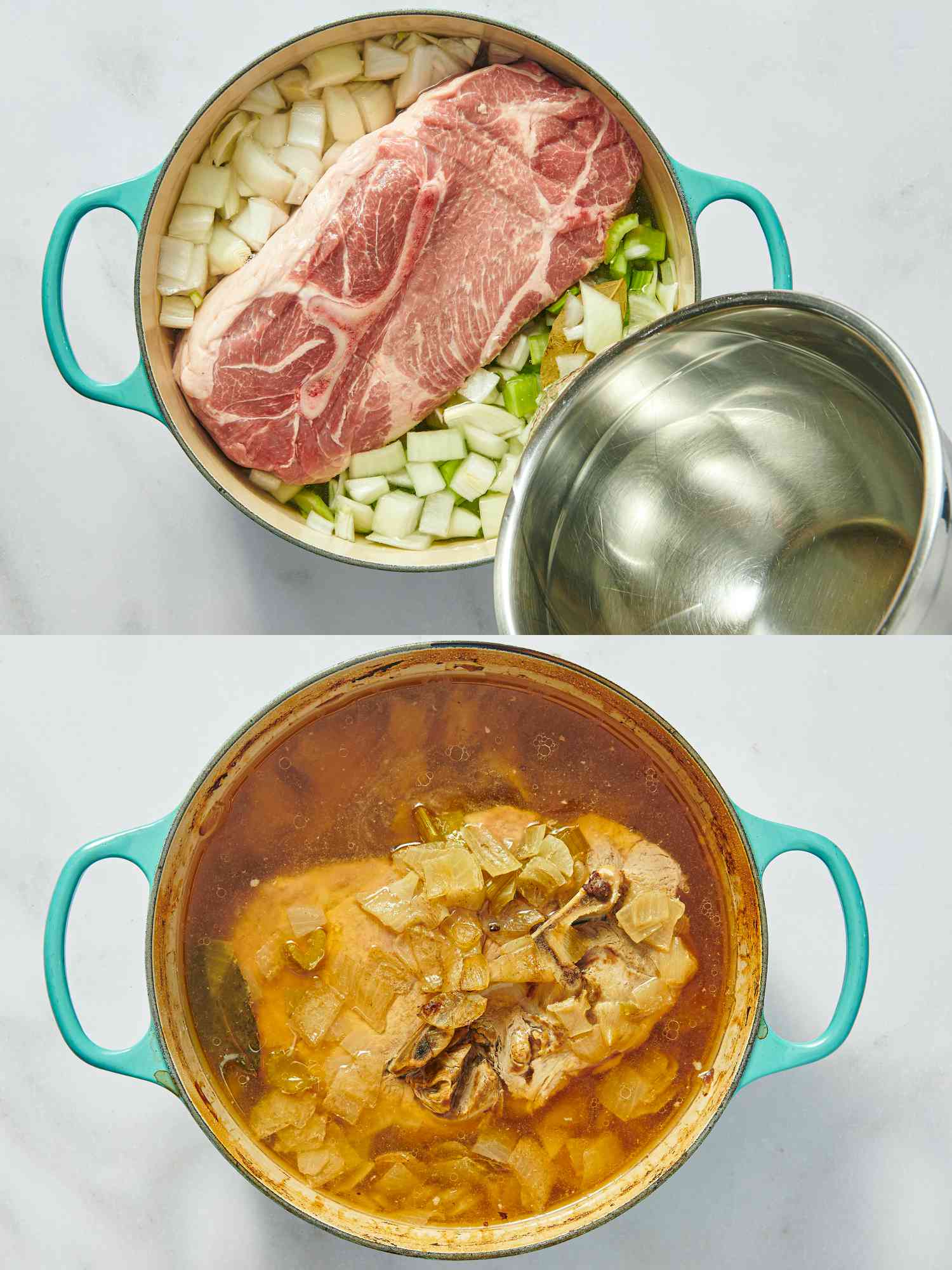 2 image collage. Top: adding water to pork and veggies in dutch oven. Bottom: Pork and veggies after cooking for several hours 