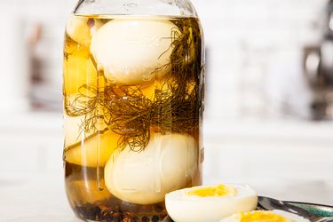 Side view of pickled eggs