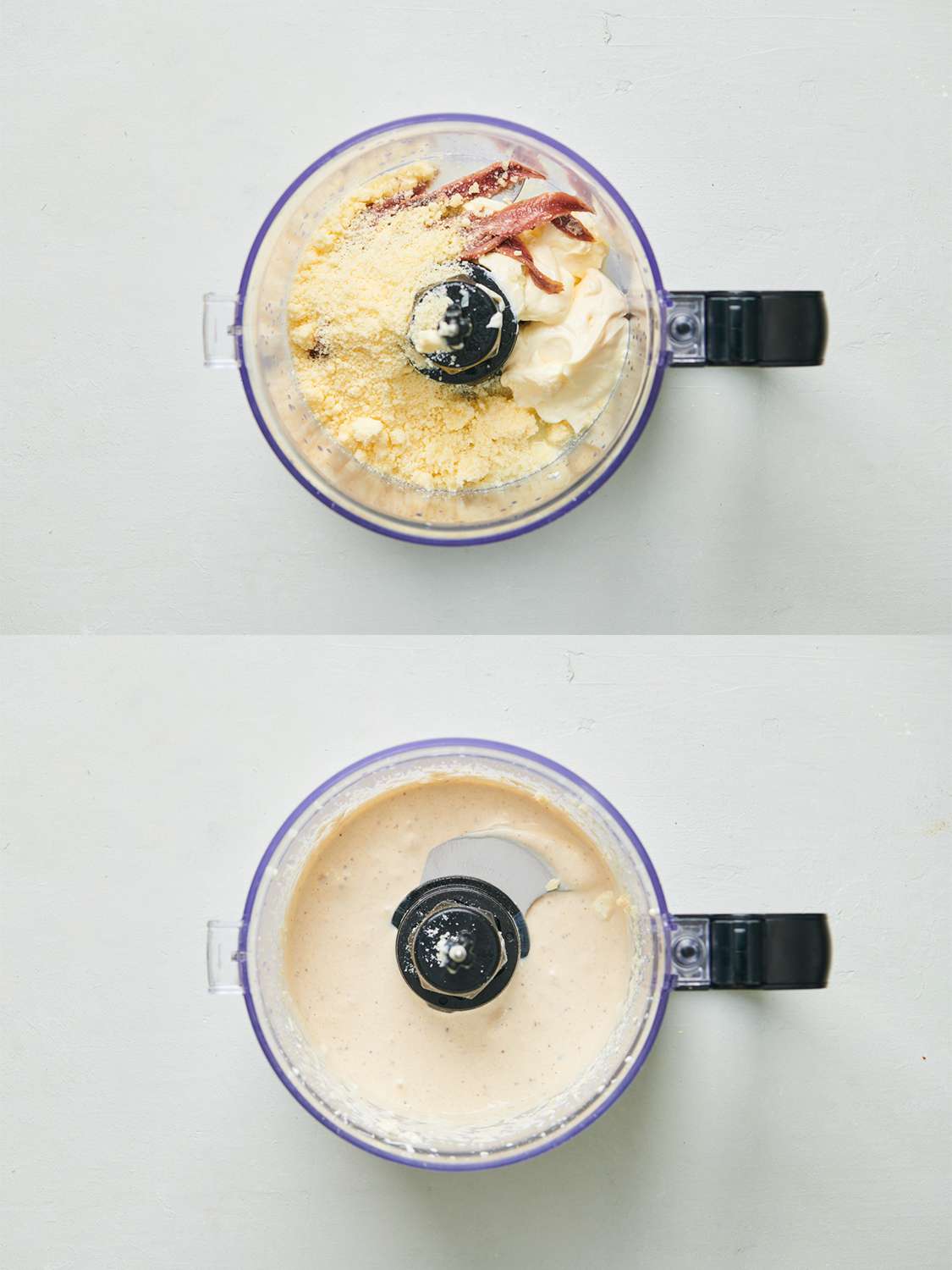 A two-image collage. The top image shows mayonnaise, anchovies, garlic, cheese, Worcestershire sauce, and lemon juice combined inside wiped out food processor bowl, before processing together. The bottom image shows the food processor now holding the smooth emulsified caesar dressing