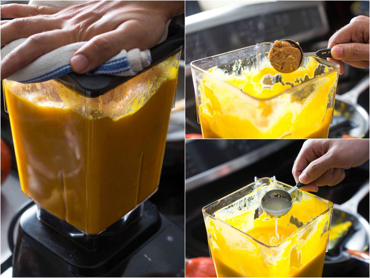 Collage showing the vegetables, aromatics, and dashi being blended until smooth. Miso paste and lemon juice are then blended in.