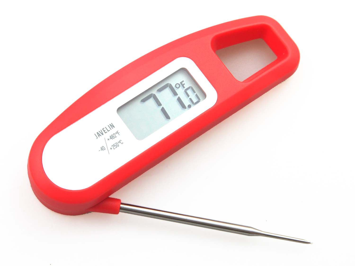 A red Lavatools thermometer against a white background