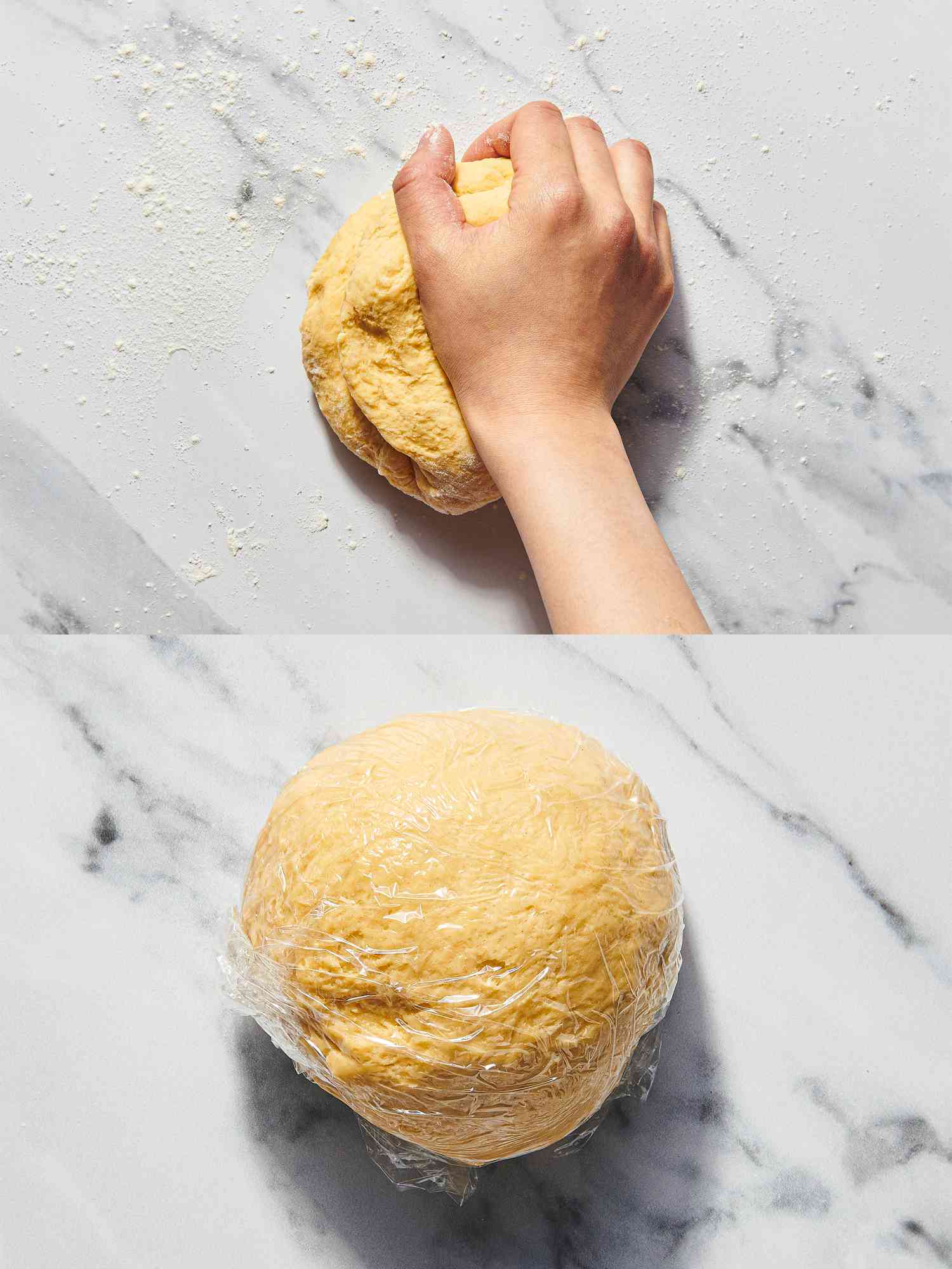 Overhead view of rolling dough