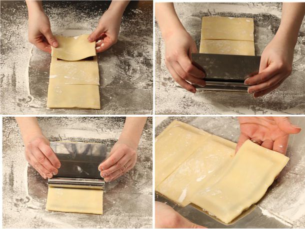 Collage of four images showing the pop tarts being assembled: covering the first layer with a piece of dough, cutting the edges, and placing the completed pop tarts next to each other. 