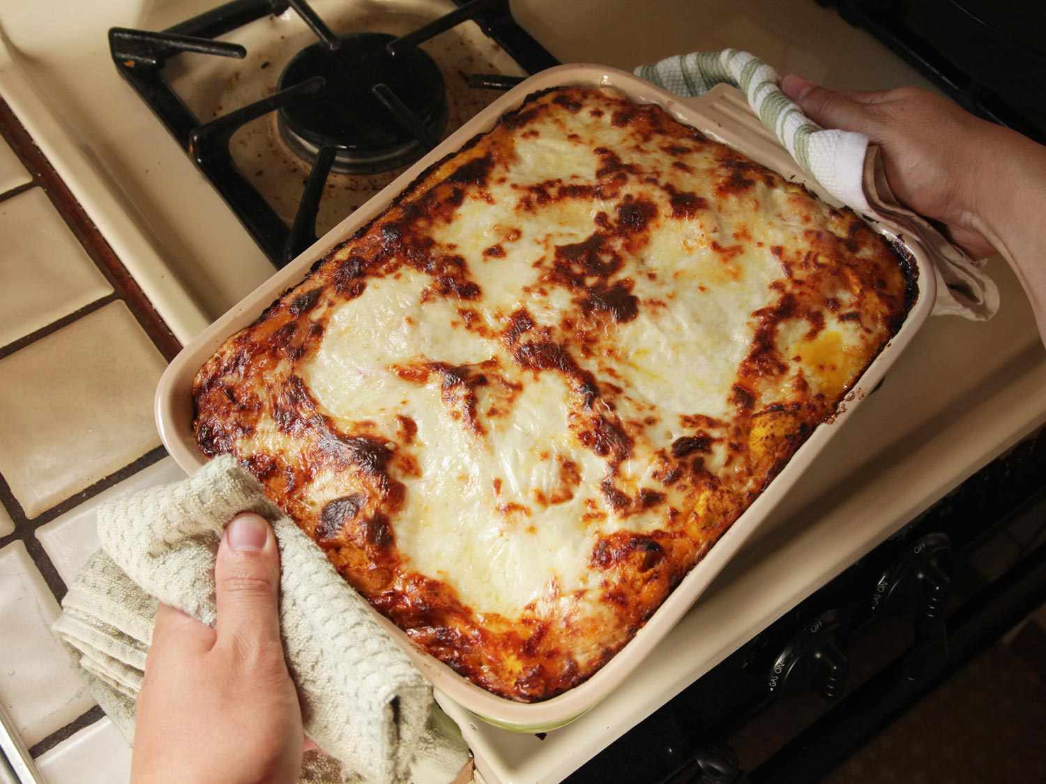 A freshly baked squash lasagna out of the oven. 