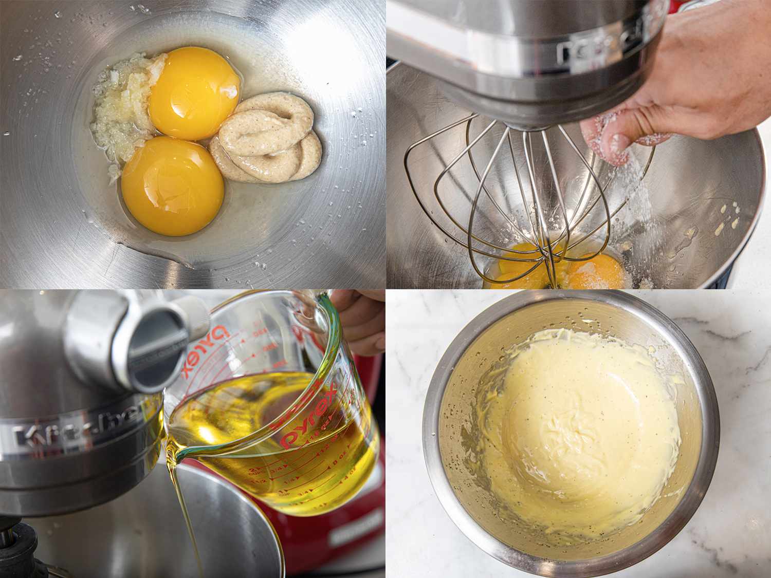 Four Image Collage. Top Right: Ingredients for mayo in a standmixer bowl. Top Left: Salt being added to stand mixer bowl. Bottom Right: Oil being drizzled into operating stand mixer. Bottom Left: Finished homemade mayo in a bowl