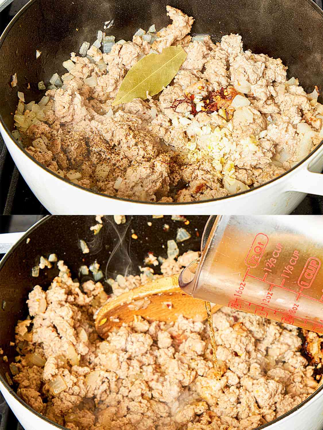 Two image collage of spices and sherry being added to pot of sausage