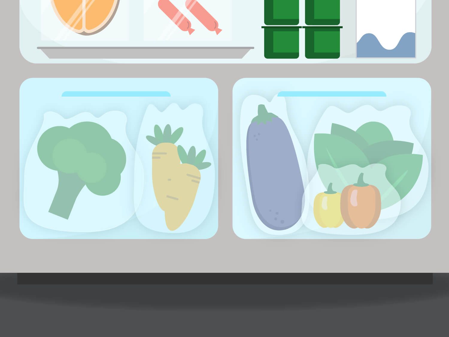 Graphic illustration of the crisper drawers in a refrigerator, holding various vegetables