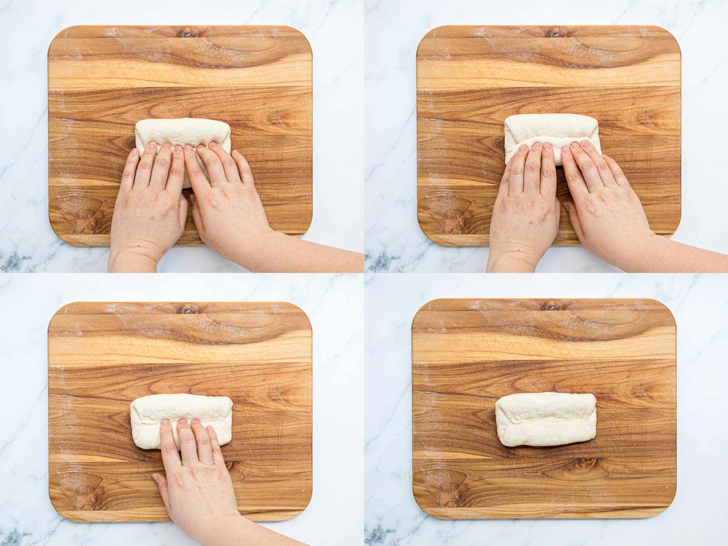 Four image collage of folding hoagie dough