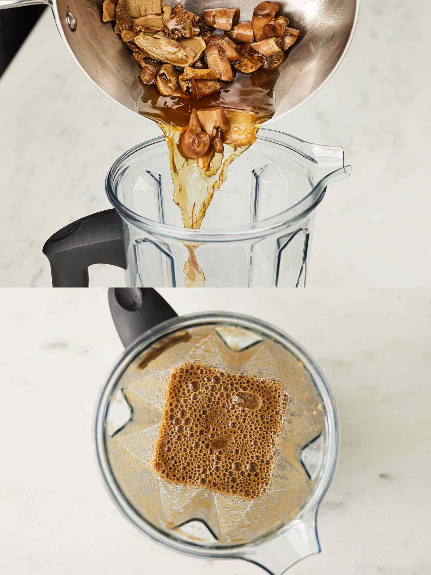 2 image collage. Top: Mushroom mixture pouring from pot into blender. Bottom:Blended mushroom mixture in a blender 