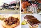 A collage of a barbecue restaurant and different types of barbecue. 