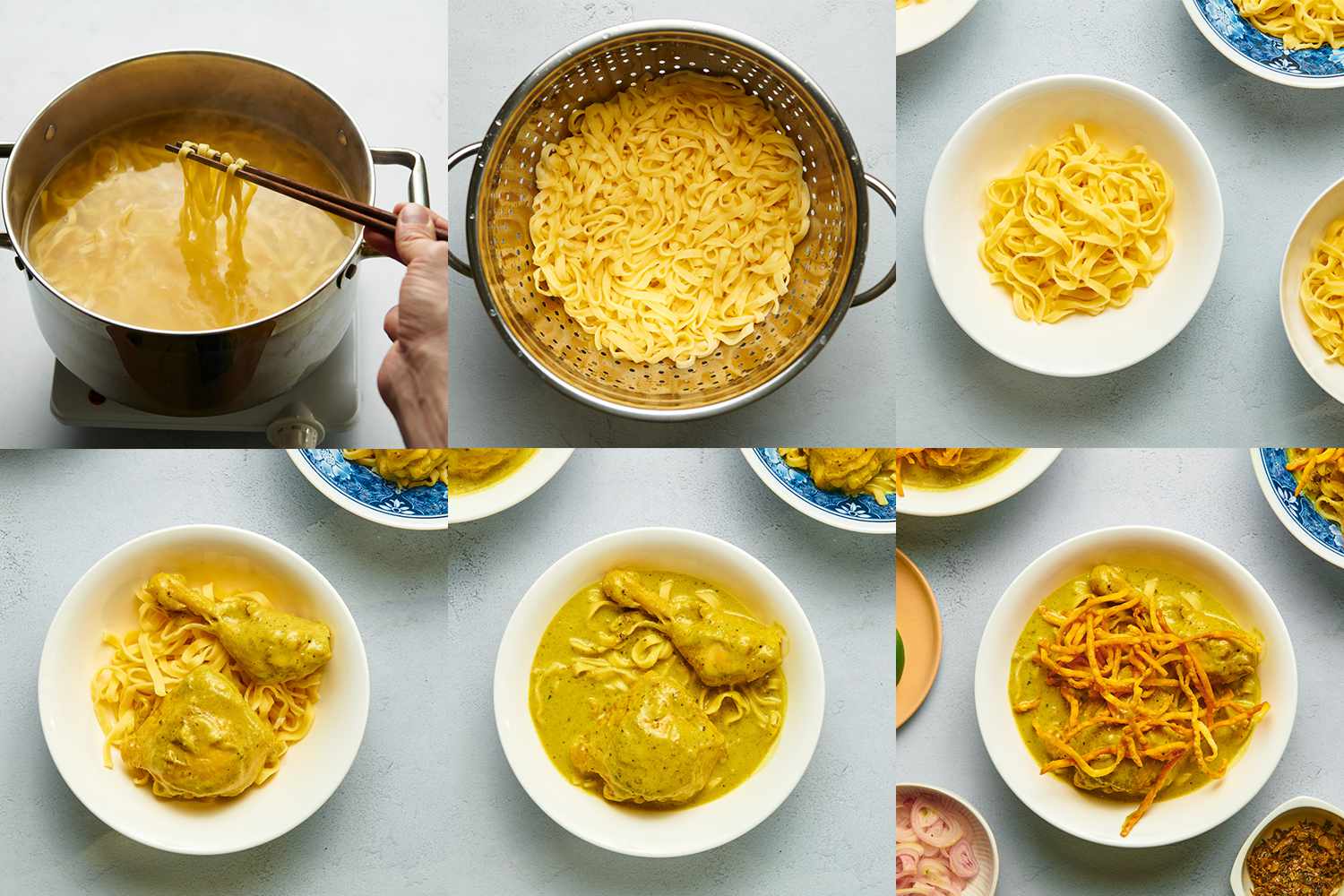 A horizontal, six-image collage showing how to assemble a bowl of noodles. The top left image shows the cooked noodles, with some being raised out of a cooking pot with a pair of chopsticks, demonstrating they have the correct texture. The top middle image shows the cooked noodles, drained, in a metal colander. The top right image shows the noodles, unadorned, in a white ceramic bowl. The bottom left image shows the noodles in the same white ceramic bowl topped with a cooked chicken thigh, and a cooked chicken leg. The bottom middle image shows that same bowl, with sauce poured over the chicken and noodles. The bottom right image shows the bowl of noodles, chicken, and sauce, now with fried noodles on top. On the periphery of the final image are small plates holding various toppings.