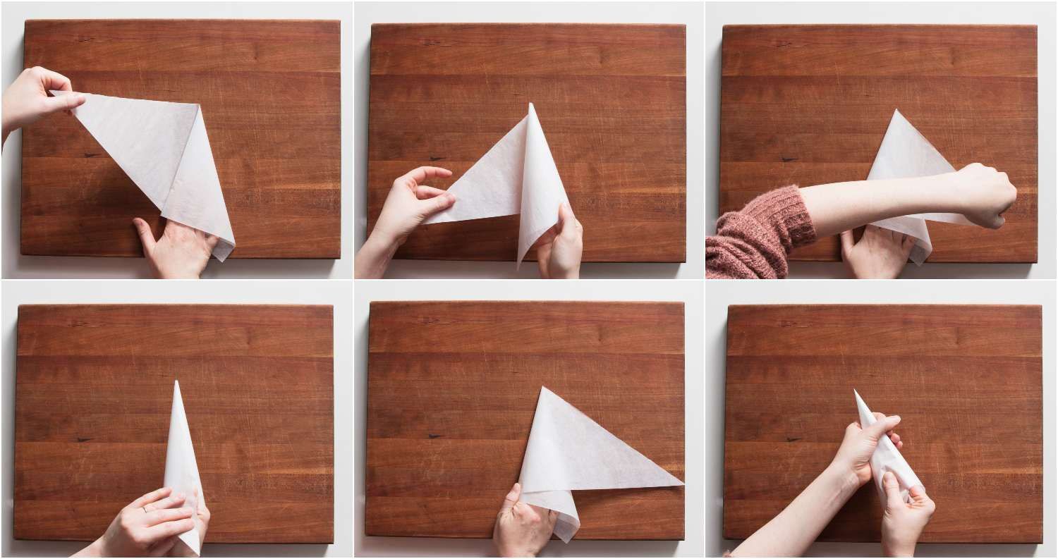 Another six-image collage showing folded parchment paper being rolled into a cone.