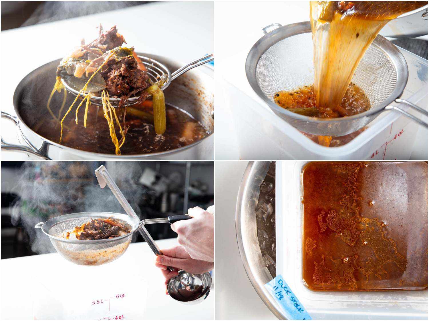 Photo collage of straining and cooling duck stock.