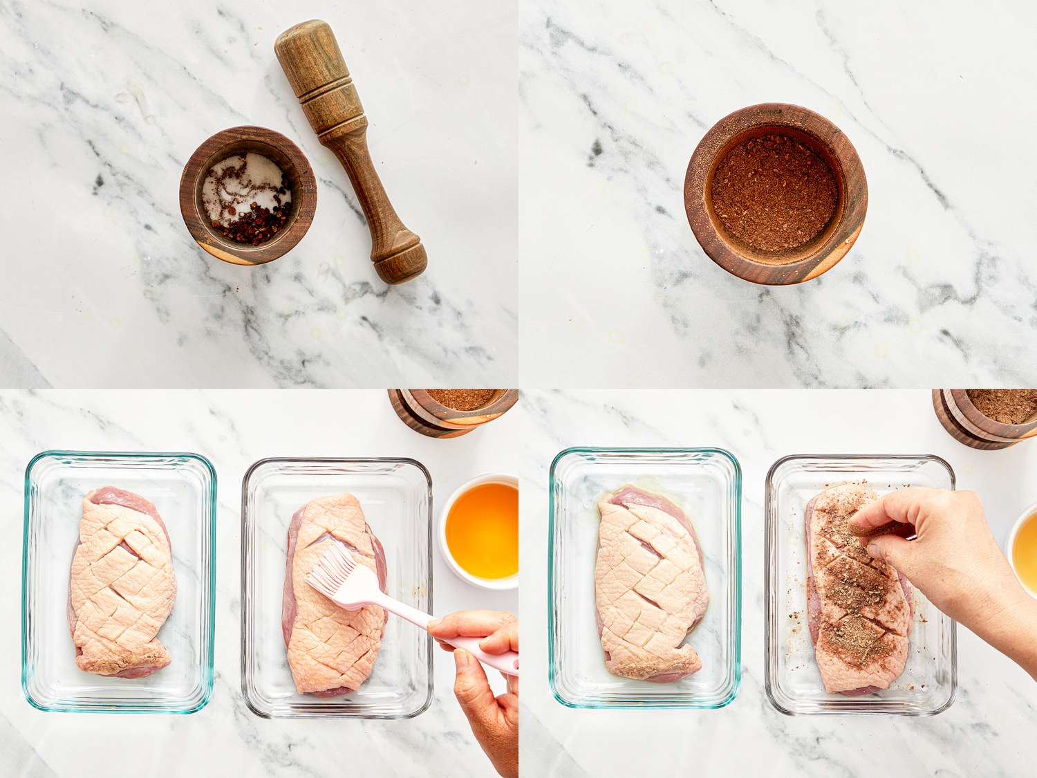 Steps for preparing duck breasts with seasoning and design scoring