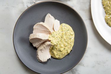 Overhead view of poached chicken