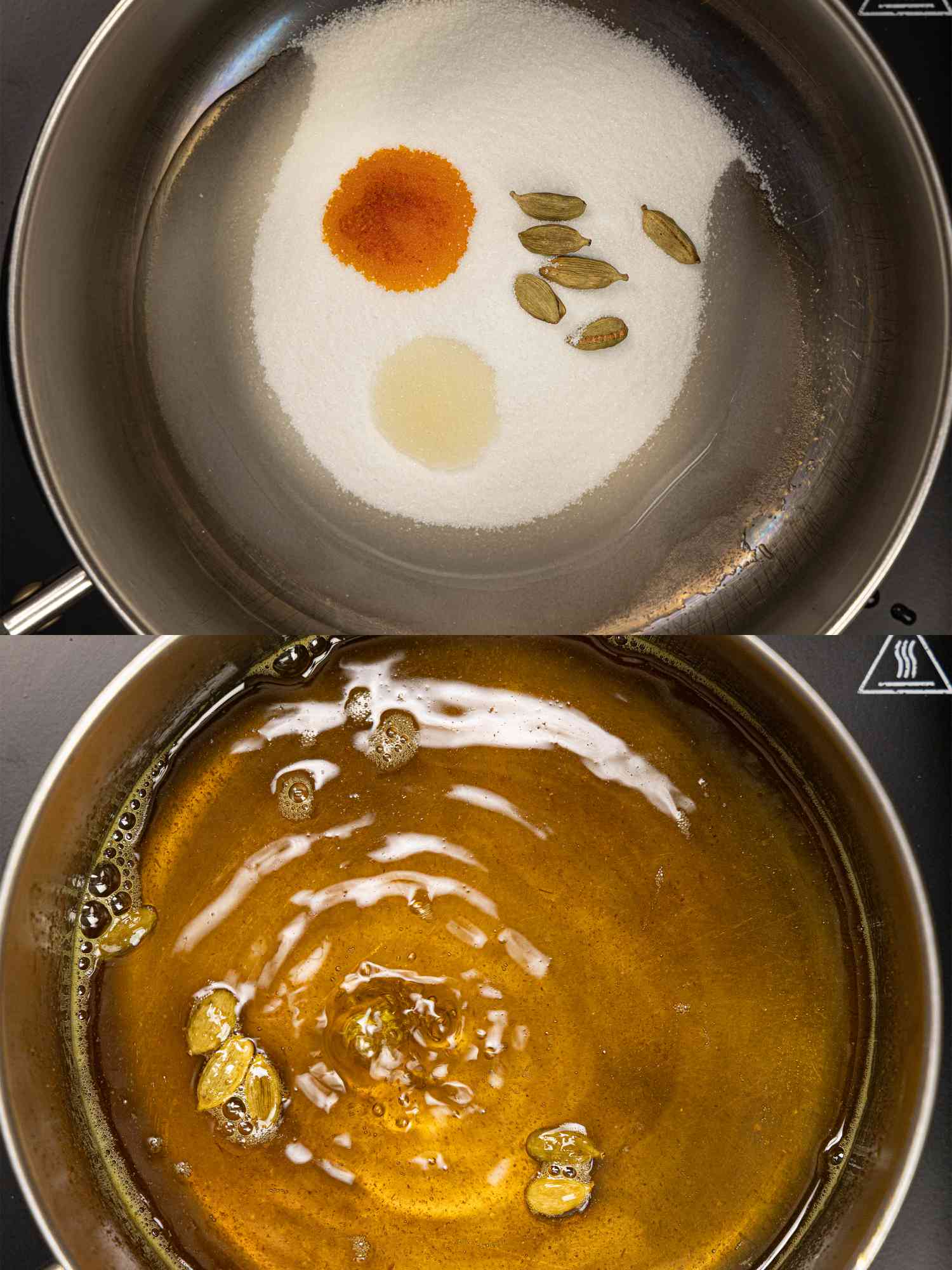 Two image collage of rose syrup being made