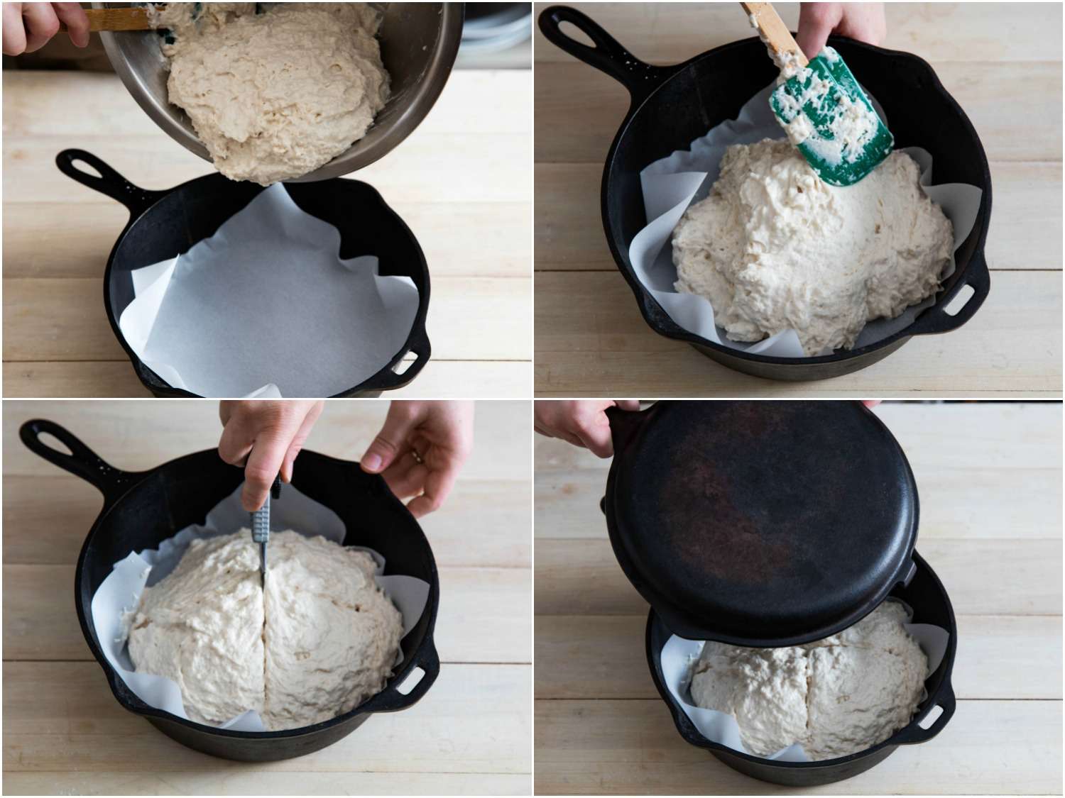 Collage of transferring soda bread dough in lined cast-iron skillet, smoothing out and scoring surface, and placing on cast-iron lid 