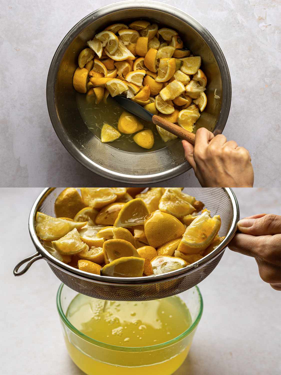 A two-image collage. The top image shows a metal bowl holding macerated quartered lemons, with a spatula moving the lemons to the top half of the bowl so that you can see the extracted liquid in the bottom. The bottom image shows the lemons placed in a fine mesh strainer over a glass bowl. The bowl is catching juice running off of the macerated lemons.