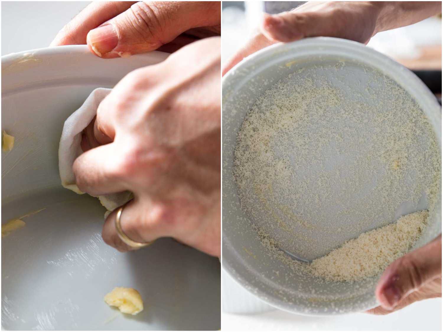 A 2-image collage showing greasing and dusting the soufflé dish.