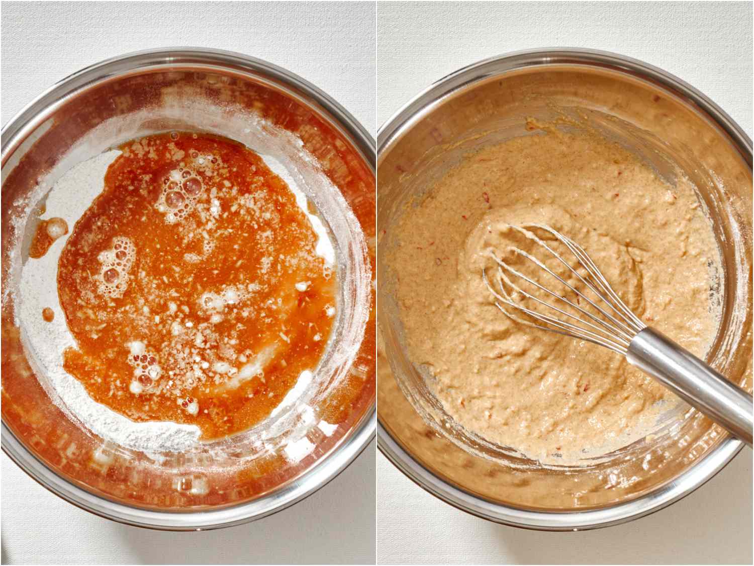 Side-by-side photos showing adding wet to dry ingredients and then mix together to create batter for pancakes.
