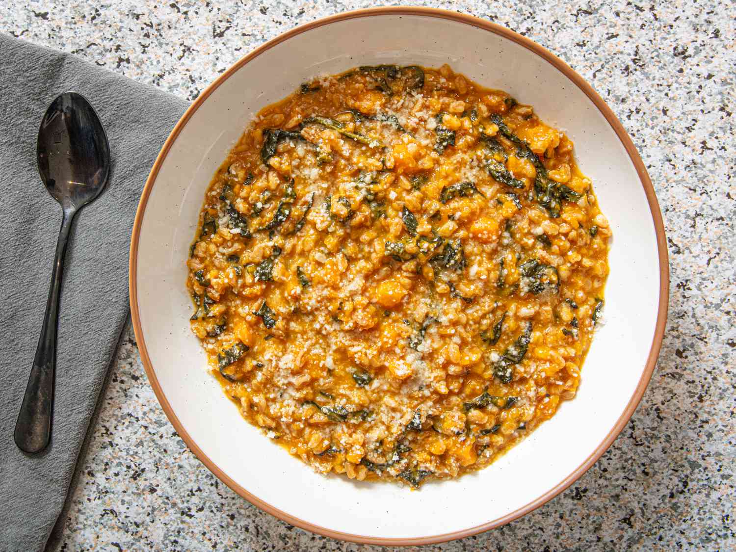 Overhead view of butternut squash farrotto