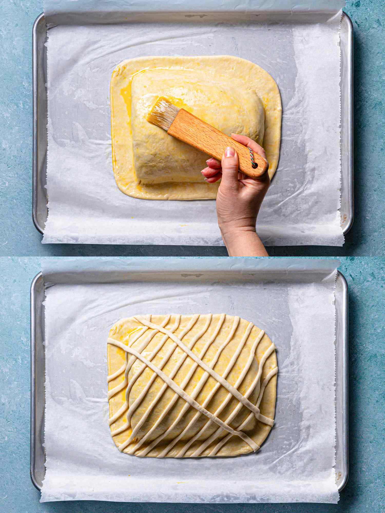 Two images showing steps in preparing salmon en croute brushing egg wash over pastry and adding decorative markings on top
