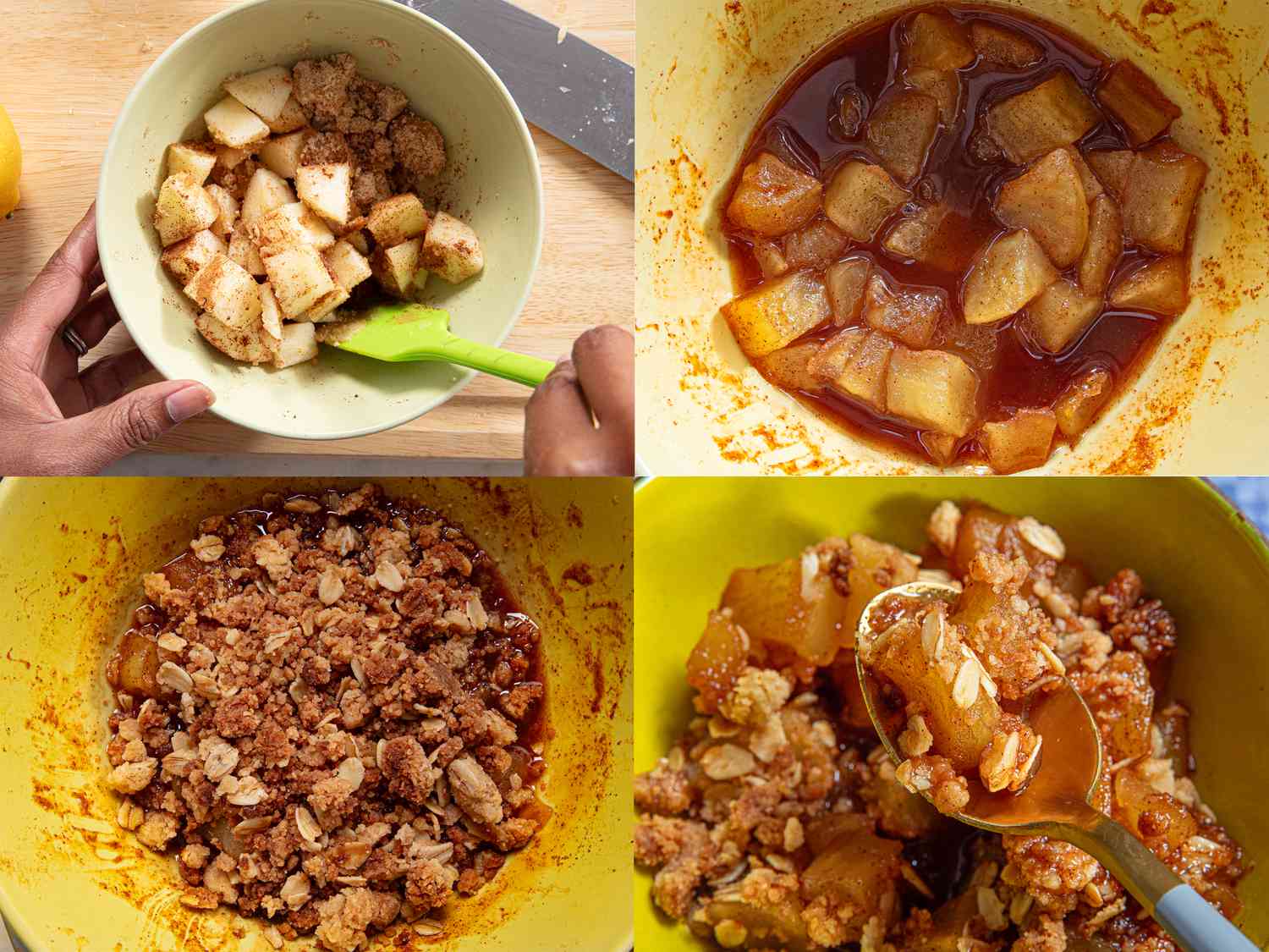 Four image collage of finishing apple crisp