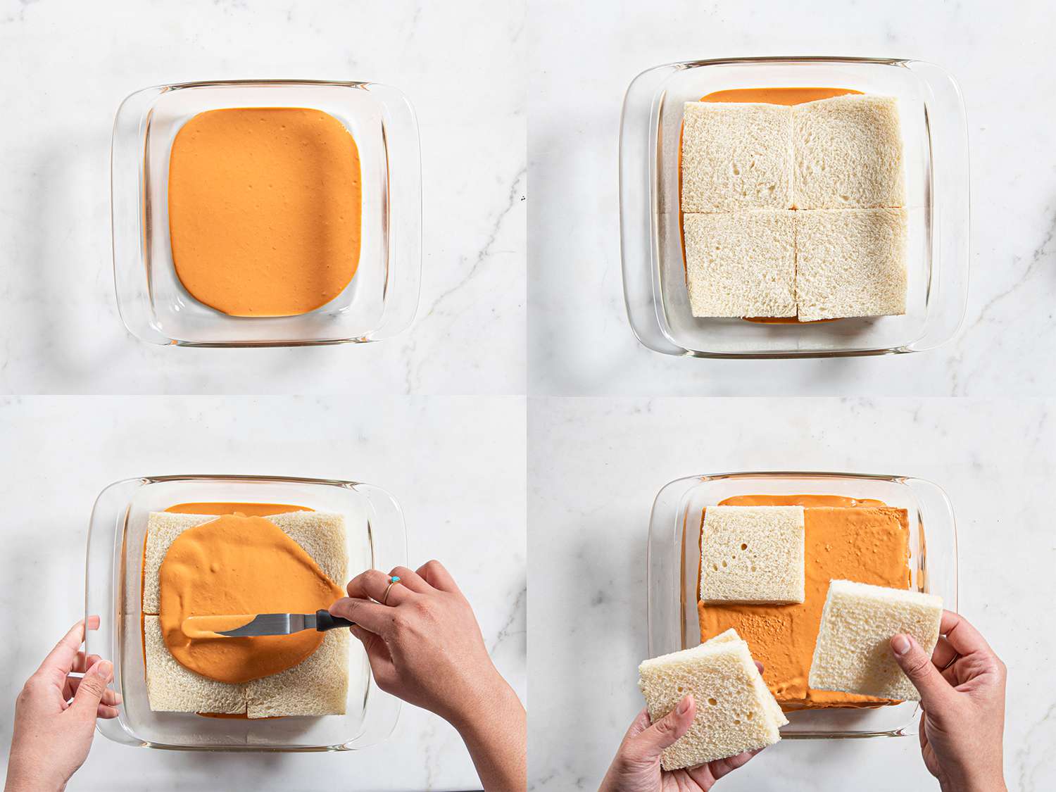 Collage of four overhead images. Clockwise from upper left: tuna mixture spread in the bottom of an empty square dish, four pieces of Wonder Bread placed on top, hands adding another layer of tune mixture, hands adding 4 more pieces of wonder bread. 