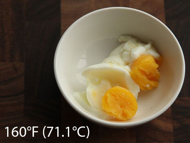 Egg cooked sous vide at 160°F (71.1°C) for 40 minutes.