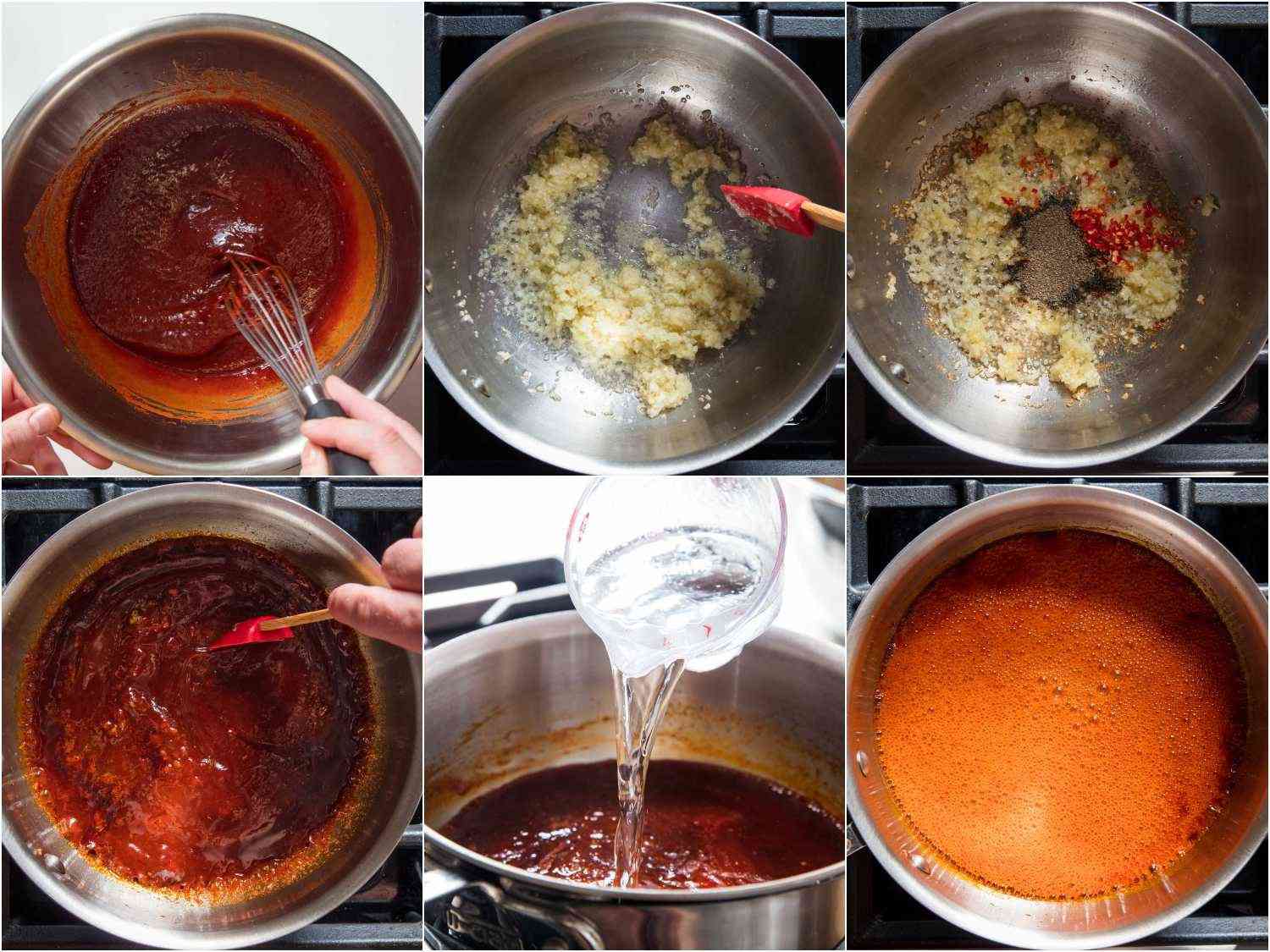 Collage of overhead process shots of making Korean buldak sauce: whisking the sauce, sauteing minced garlic, ginger, and fresh chiles and adding the gochujang mixture, followed by Sprite.