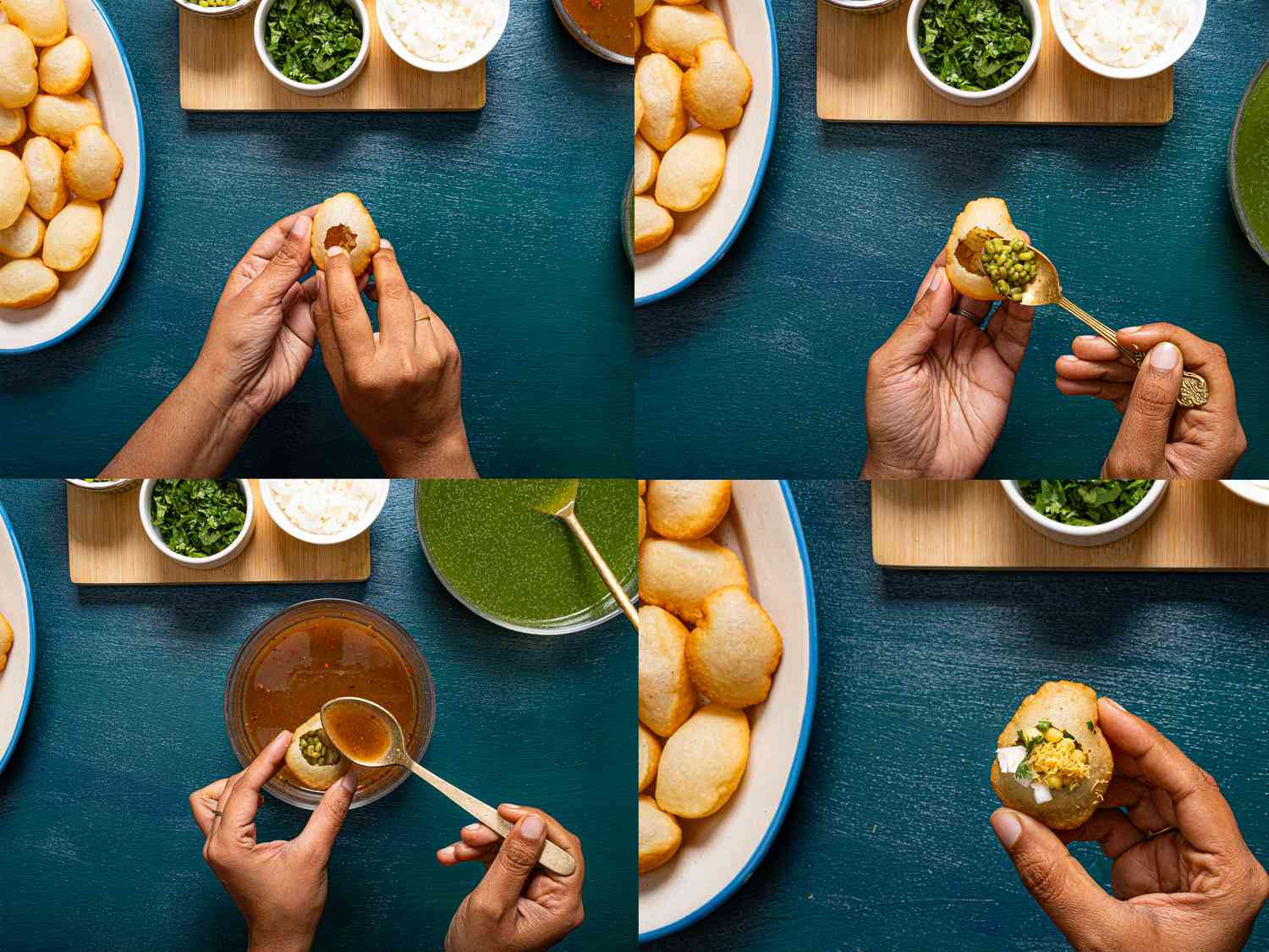 Overhead view of assembling pani puri