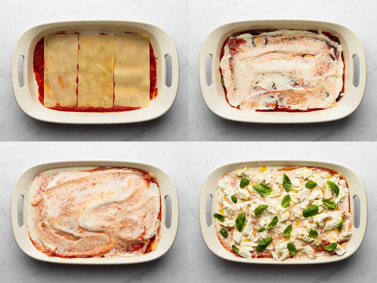 Tomatoes in bottom of baking dish layered with 3 lasagna noodles, Lasagna noodles topped with Â¼ of eggplant, zucchini, and squash, â of crushed tomatoes, and â of white sauce, Final layer of lasagna noodles spread with remaining crushed tomatoes and white sauce, and Mozzarella scattered evenly over surface, with basil leaves added, and drizzled lightly with olive oil 