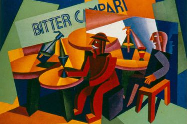 Cubist Campari artwork showing men drinking in a cafe.