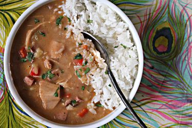 Overhead view of a bowl of low cooker turkey gumbo with rice