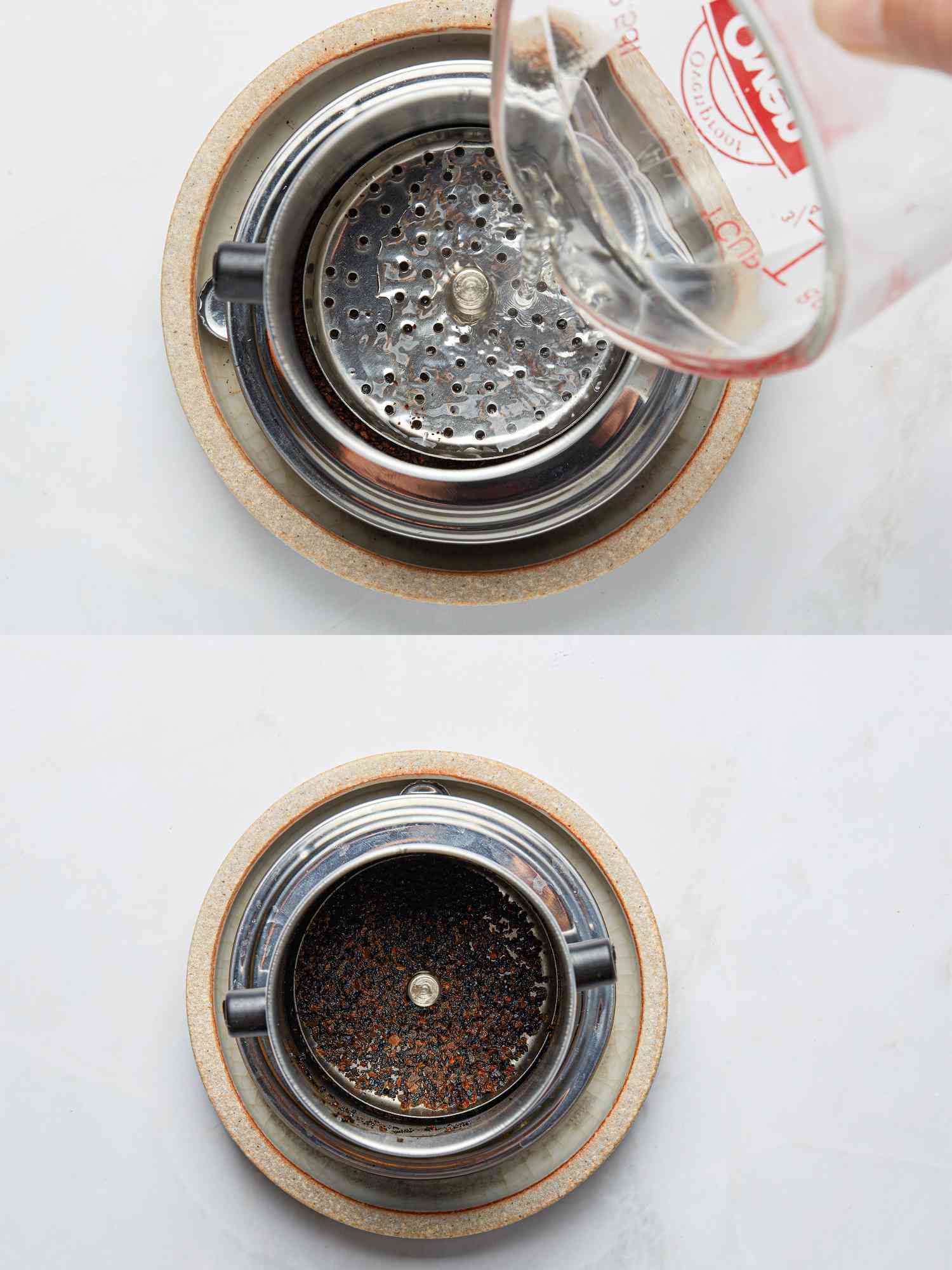 Pouring water into a phin coffee filter.