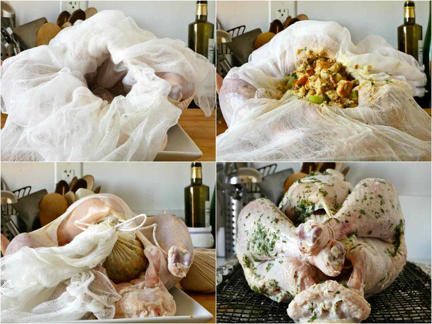 Collage of stuffing wrapped in cheesecloth and stuffed in turkey.