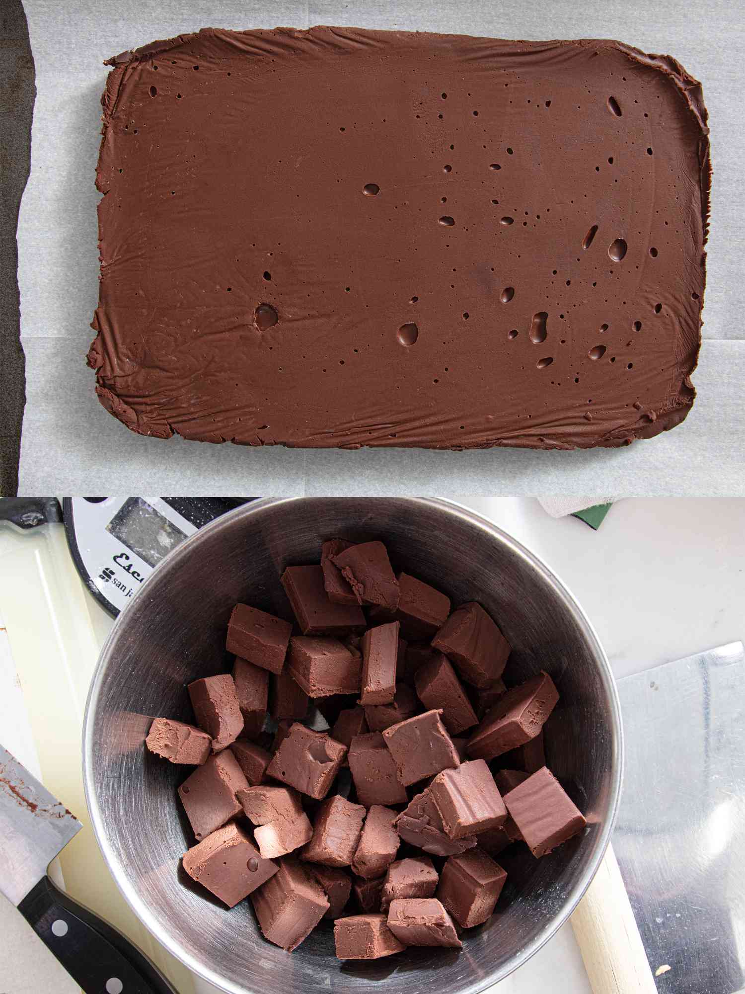 Two image collage of ganache cooled and cut