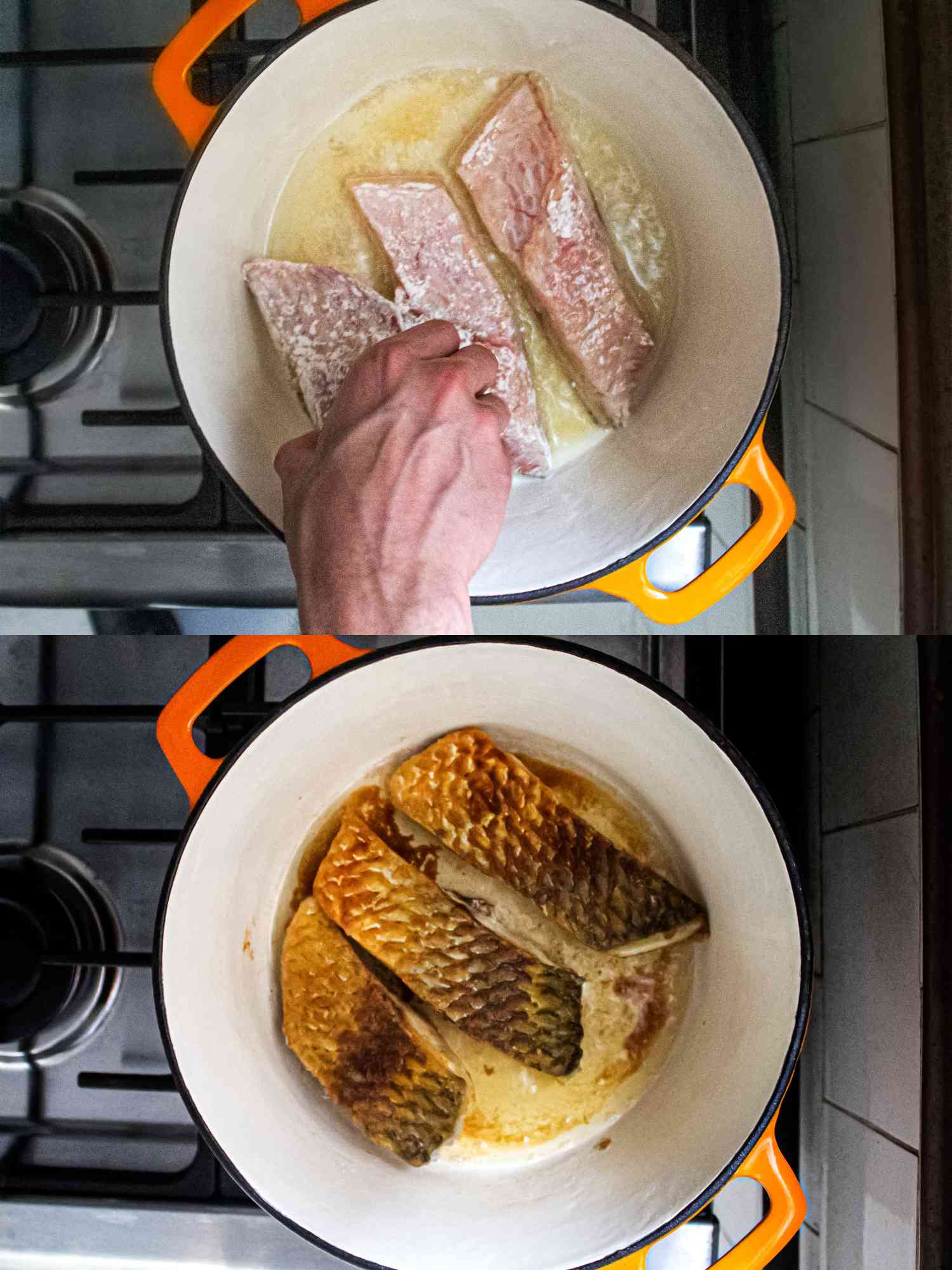 Two image collage of frying hook