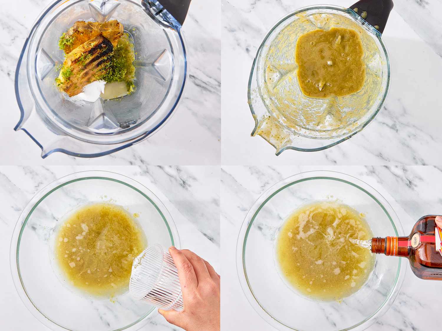 Step-by-step preparation of a margarita with grilled pineapple shown in a blender and mixing bowl