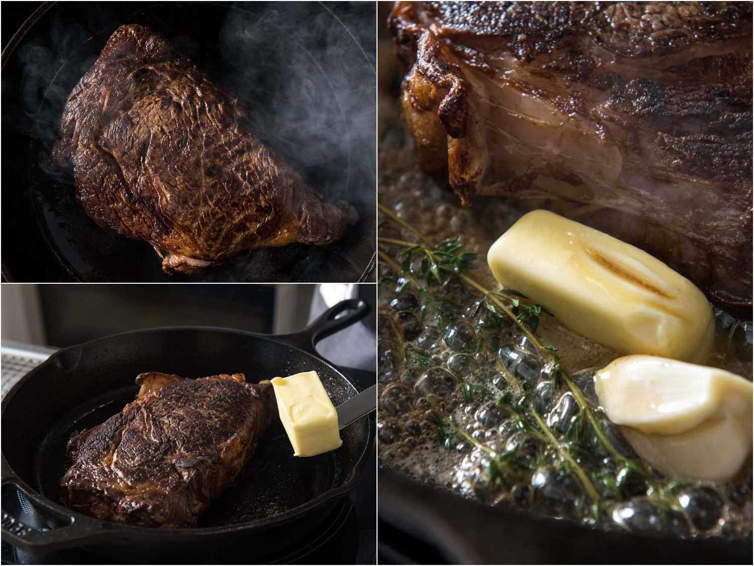 Basting a steak with butter, garlic, and thyme