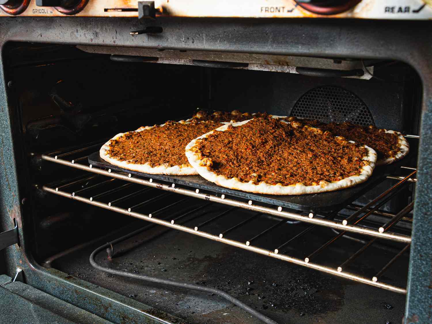 Lahmajun in oven, nearly ready to eat