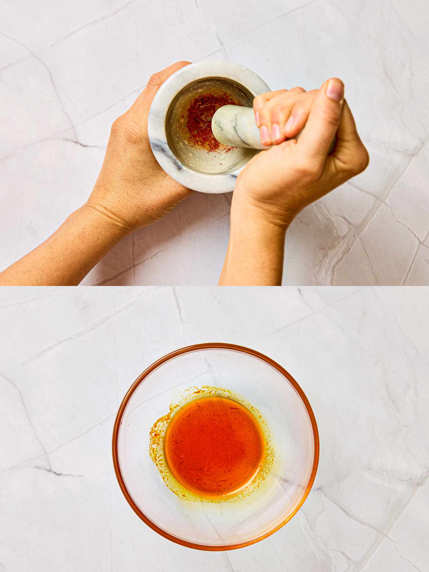 Top image shows hands grinding ingredients in a mortar bottom image shows a bowl with an orange mixture
