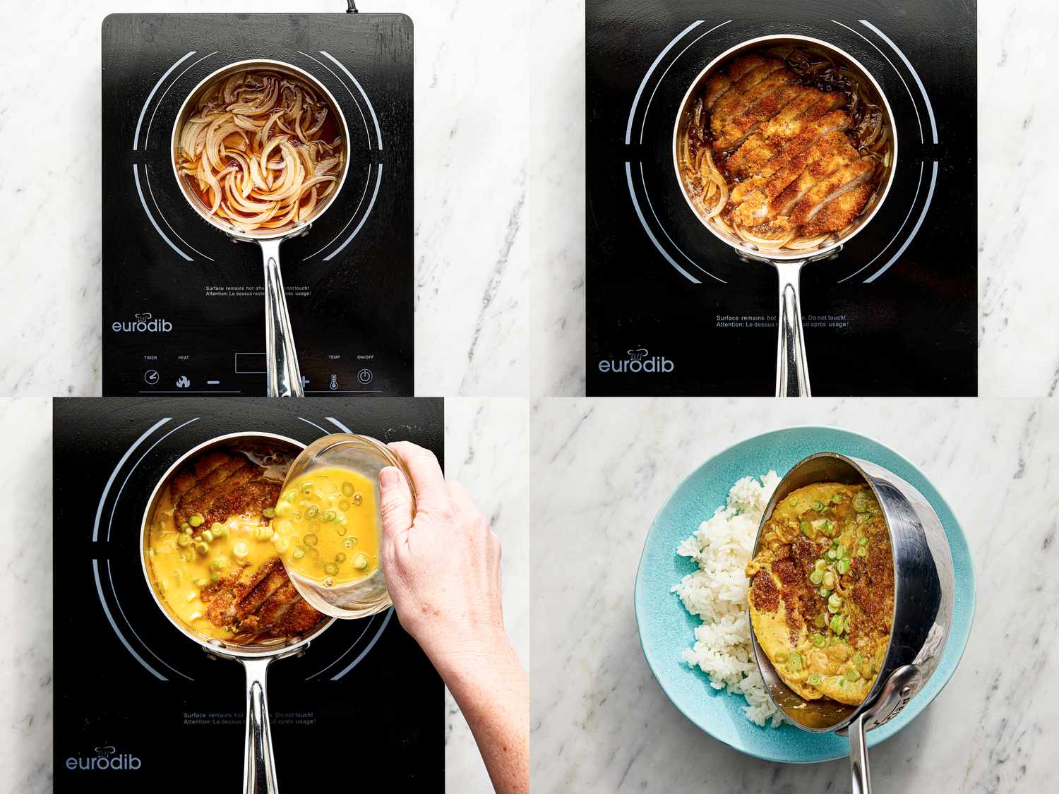 Four image collage of onions in broth, pork added to onions and broth, eggs added and the whole mixture pouring over rice