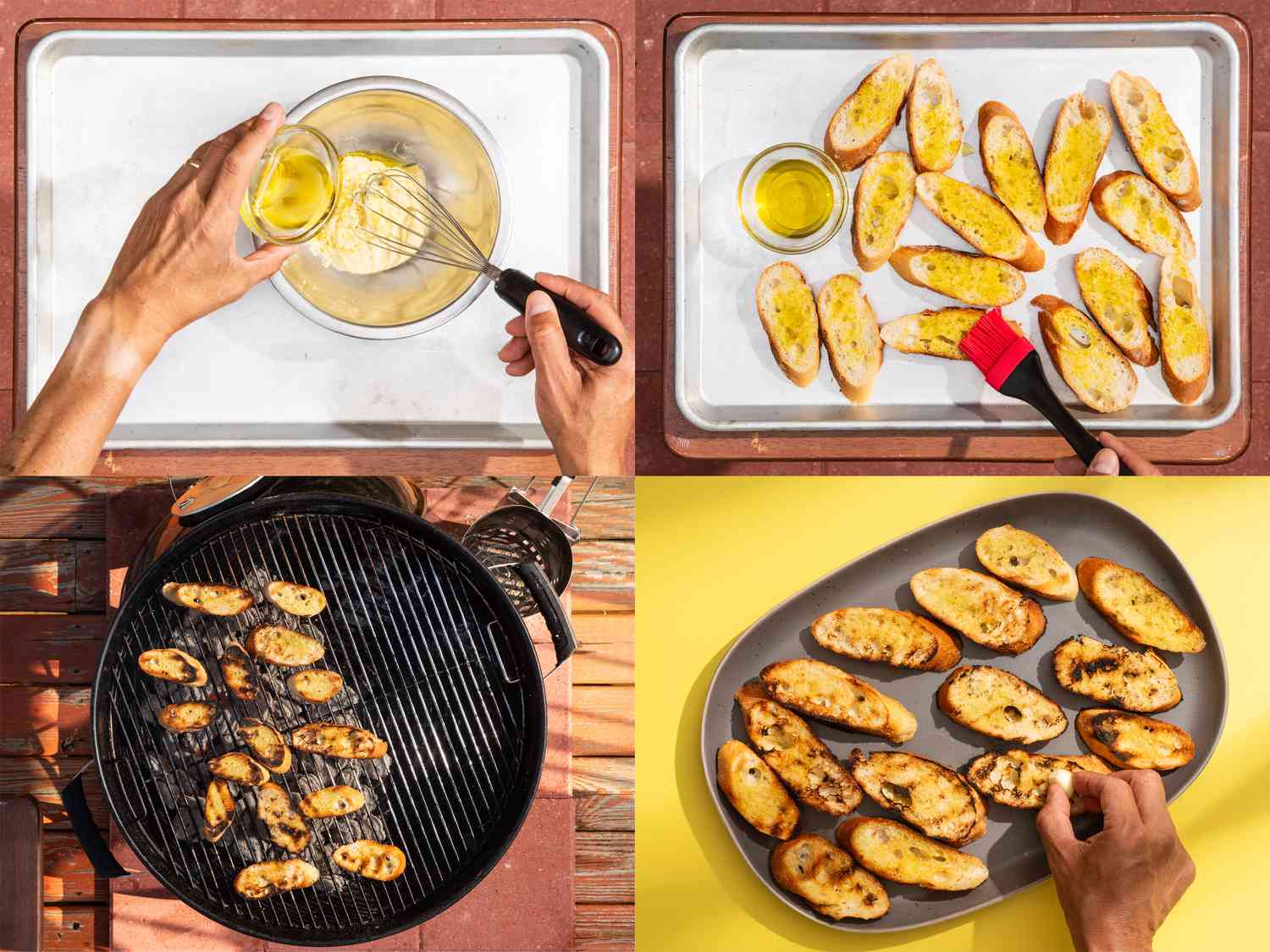 Brushing bread and then grilling it.