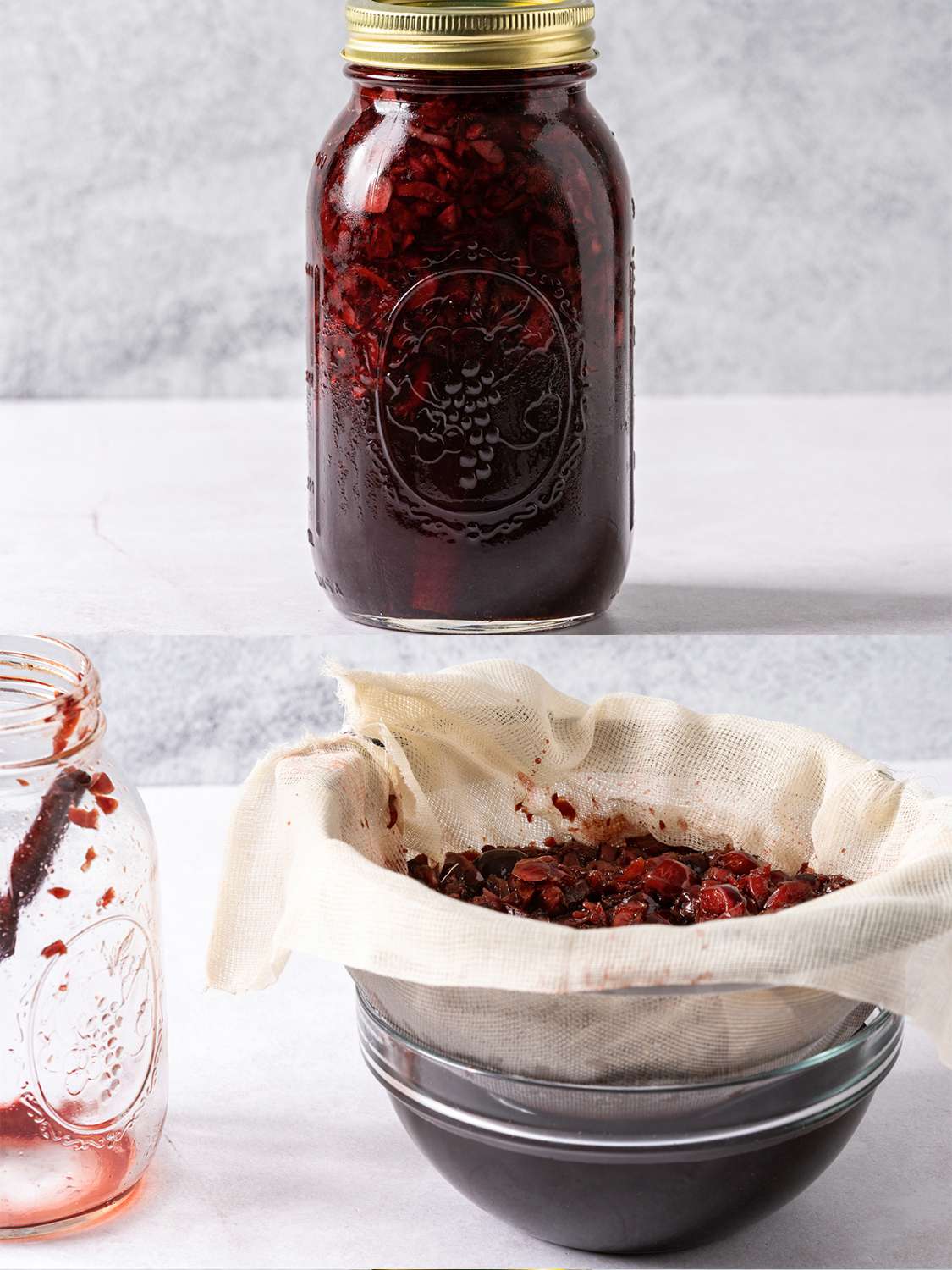 A two-image collage. The top image shows the glass jar holding the macerated liqueur and fruit, which has now been aged for approximately 9-to-14 days. The bottom image shows the jar now emptied into a metal strainer lined with cheesecloth. Underneath the strainer is a glass bowl which is catching the liquid, and on the lefthand side of the image is the dirty glass jar which previously contained the fruit and liquid.