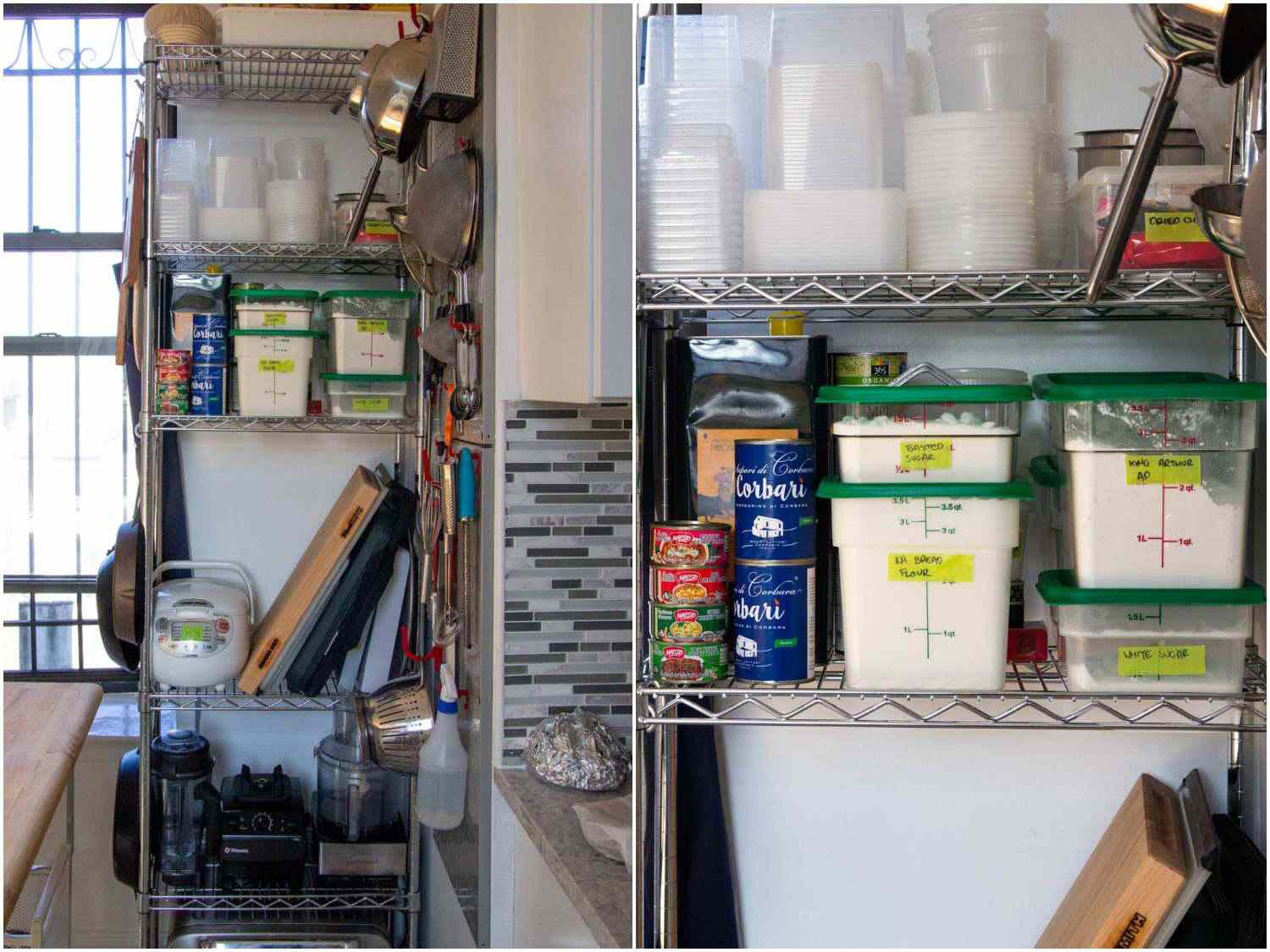 a photo collage of a small metro rack shelving unit in a tight space in a small New York City kitchen