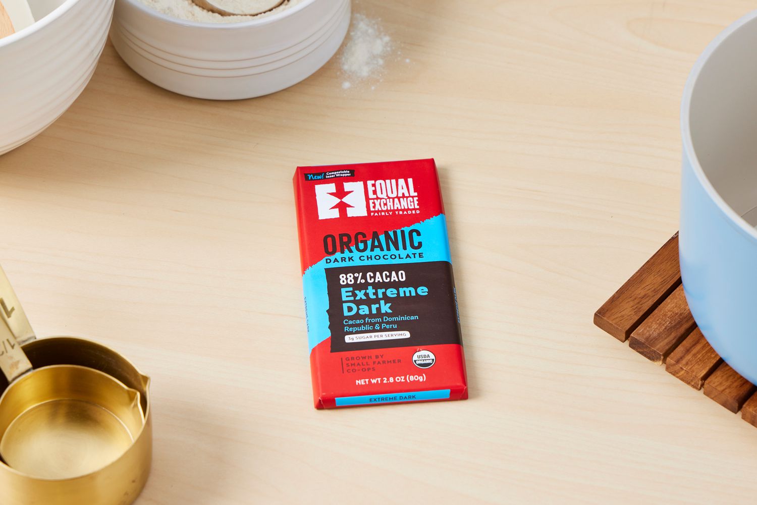 A wrapped Equal Exchange chocolate bar.