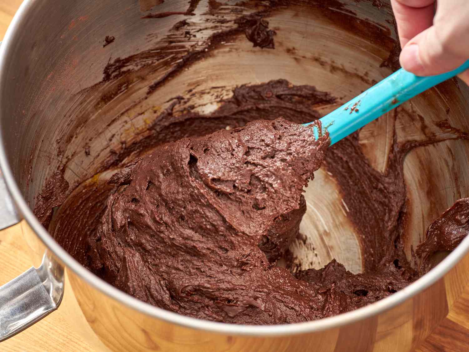 Brownie mixture in a stand mixer bowl.