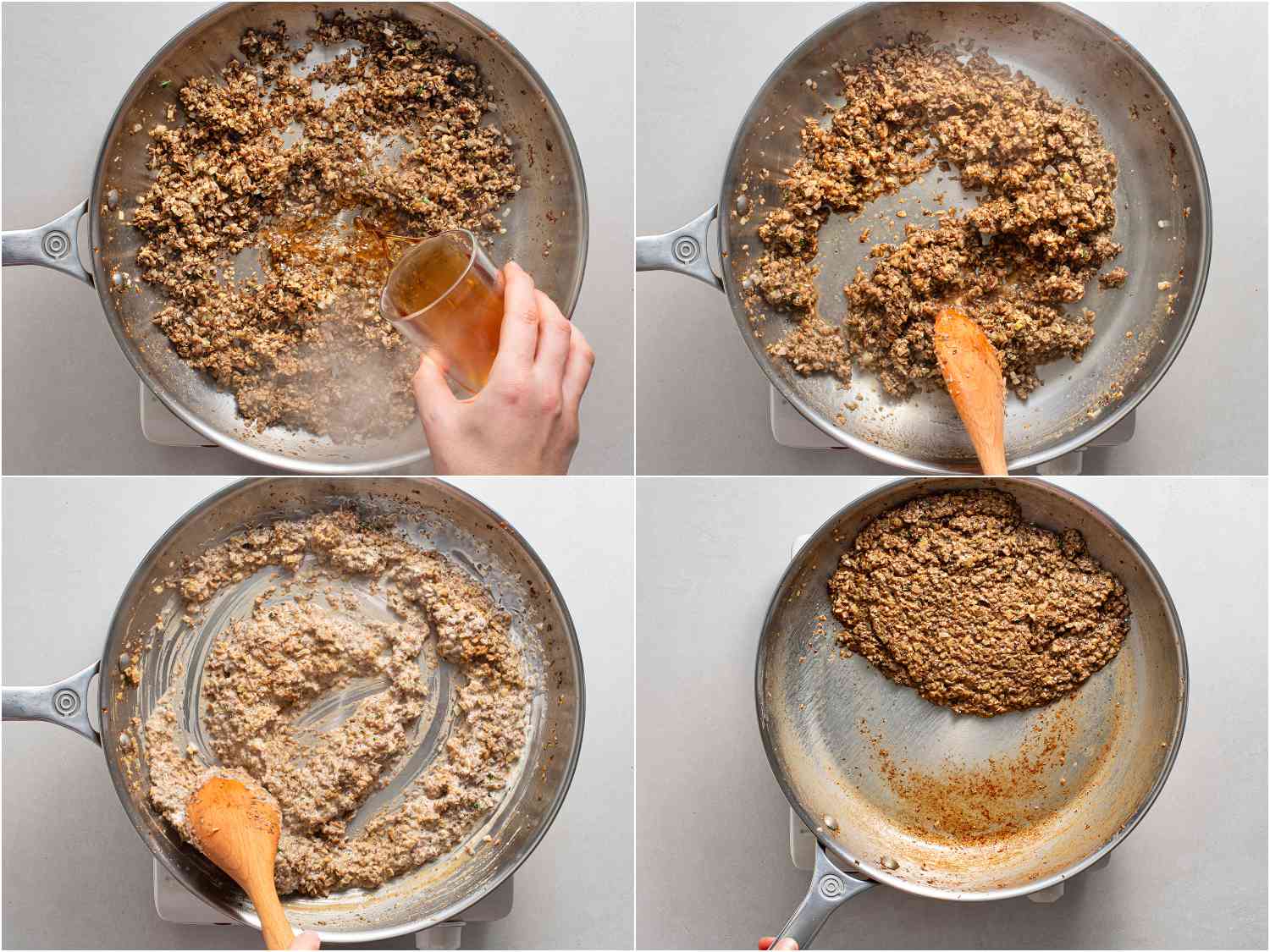 A collage showing the sautÃ©ed mushrooms being further cooked with brandy, heavy cream, and soy sauce.