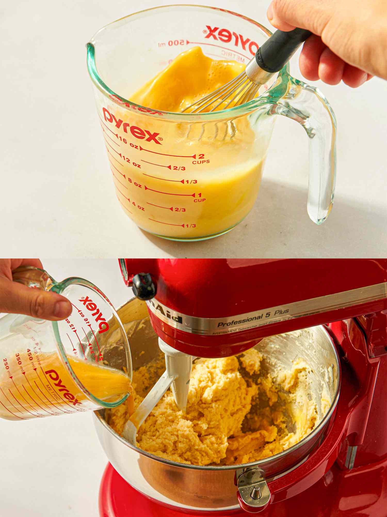 Two steps of a recipe pouring mixed ingredients from a measuring cup into a mixing bowl underneath a stand mixer